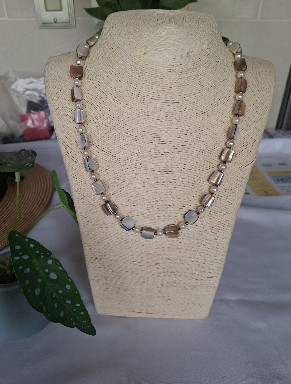 Elegant  Pearls and Mother of Pearls Shell Necklace , Handmade In USA